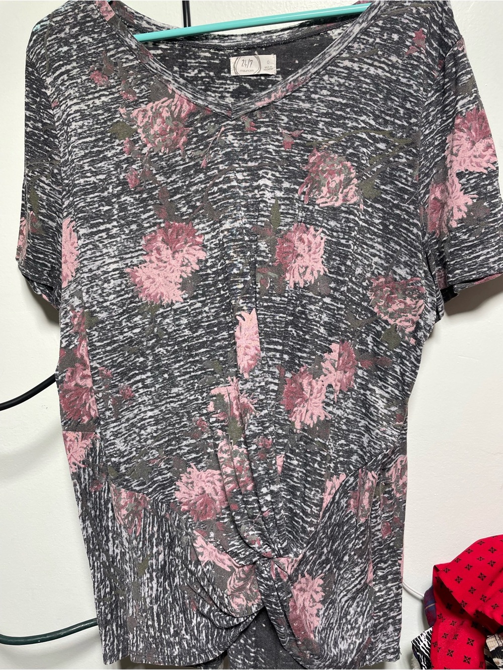 Maurices Gray V-Neck Twist-Front Top with Pink Floral Print
